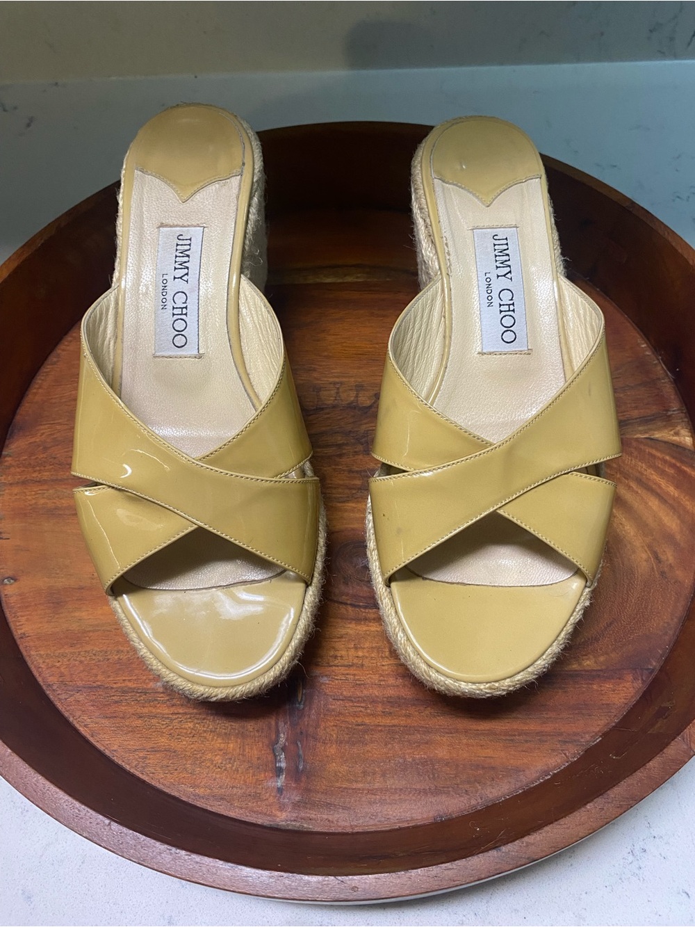 Jimmy Choo Tan Patent Leather Espadrille Wedge Sandals Size 7